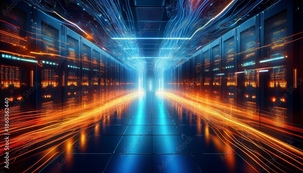 Fototapeta premium futuristic data flow in ai server room with glowing blue and orange lights ideal for it infrastructure cloud computing and digital technology visuals
