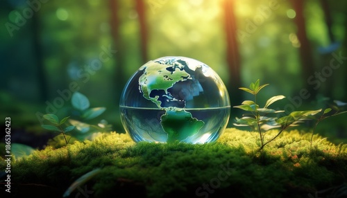 Wallpaper Mural a glass earth globe sits on a bed of moss with a new green sprout growing from the top surrounded by a vibrant forest with sunlight filtering through the trees Torontodigital.ca