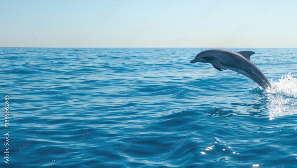 Obraz premium Dolphin breaking water surface in open sea, highlighting marine animal behavior, World Marine Animal Day