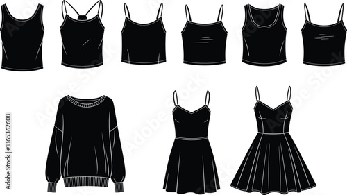 Collection of Women's Casual Apparel Silhouettes Featuring Various Tank Tops Camisoles Oversized Sweatshirts and Summer Dresses Isolated on White Background for Fashion Design