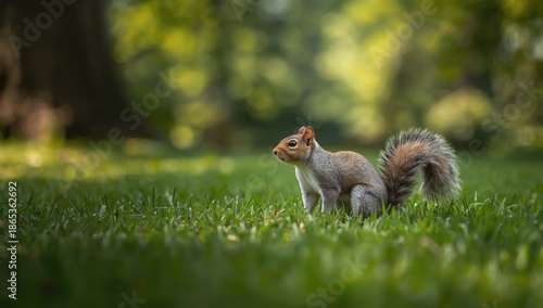 Wild gray squirrel on lush ...