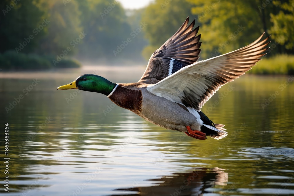 Obraz premium Focused shot of mallard duck gliding with wings extended over tranquil lake