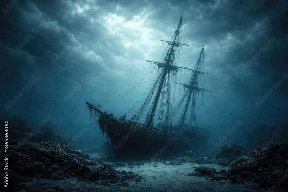 Obraz premium Ocean floor resting place of a ship with towering mast under expansive cloud cover