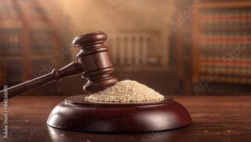 Courtroom scene with a judge's gavel resting on law books, representing legal decisions and judicial authority © vxnaghiyev