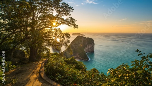 Seaside landscape featuring water, sky, and tropical trees on Si-Chang Island, highlighting summer tourism and nature