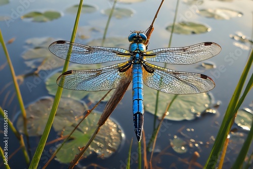 Vibrant blue dragonfly perched on a reed by the tranquil water surface, showcasing intricate wing details