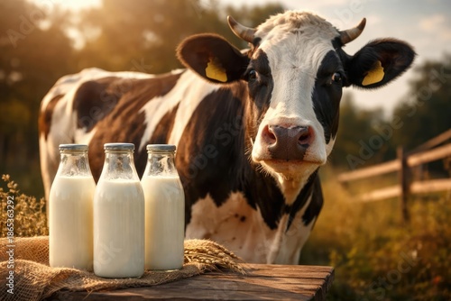 Happy dairy cow standing alongside three bottles filled with milk © vxnaghiyev