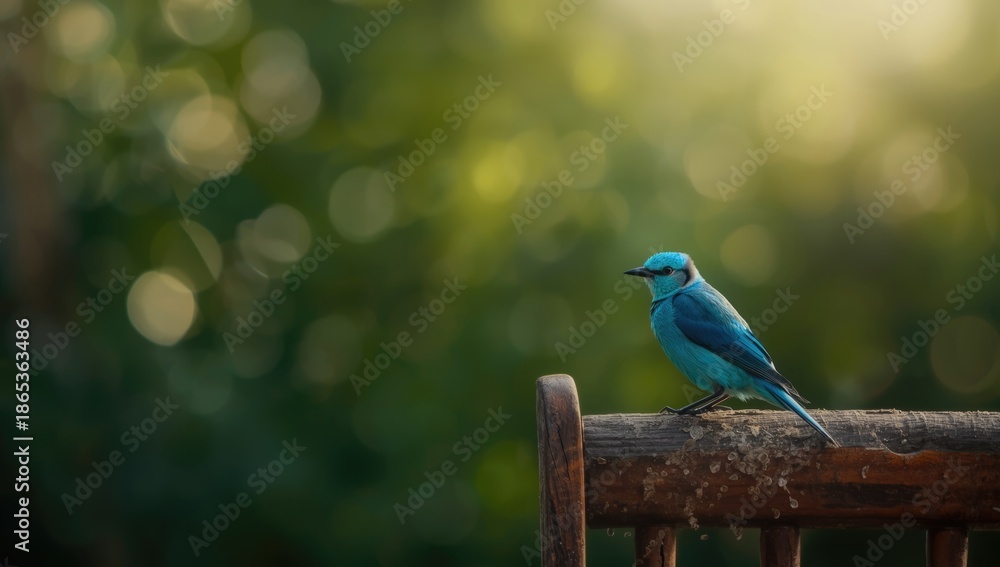 Fototapeta premium A blue love bird sitting on a wooden perch, showcasing bird relaxation, World Bird Day