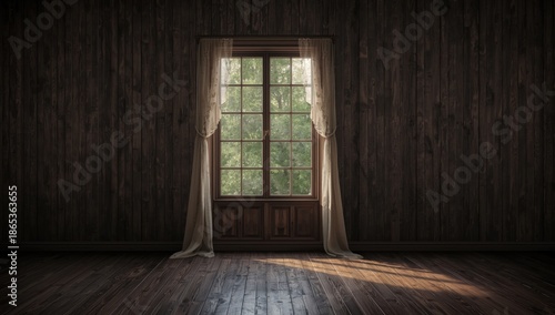 Dark wooden interior with w...