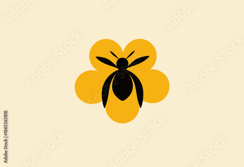 Silhouette of a bee centered on a yellow gradient flower shape against a plain background, perfectly emphasizing simplicity and the essence of nature’s pollinators
