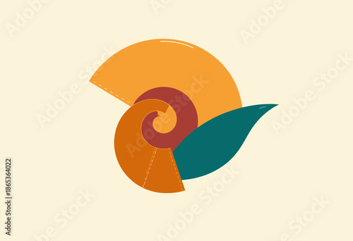 Abstract Geometric Nautilus Shell with Vibrant Earthy Tones and Minimalist Design Featuring Shape Elements to Evoke Nature's Spirals and Symmetry