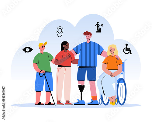 Diverse group of people with disabilities and different abilities, accessibility and inclusion concept