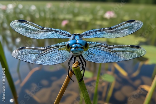 Vibrant blue dragonfly close-up on a stem above water, showcasing intricate wings and iridescent body in a serene natural pond setting