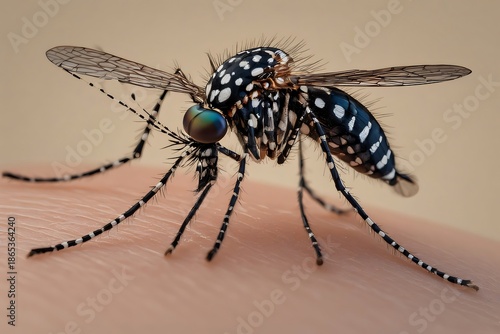 Close up of a mosquito with distinctive markings, its compound eyes are visible and its striped legs are sharp