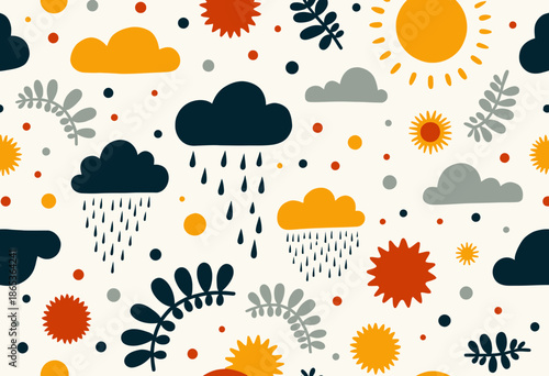 Abstract Pattern with Sun, Clouds, and Raindrops Featuring Vibrant Orange, Yellow, and Black Accents on a Neutral Background