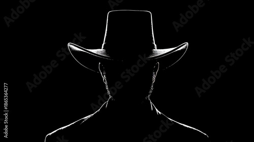Dramatic silhouette of a mysterious person wearing a cowboy hat and suit jacket against a stark black background, symbolizing anonymity.