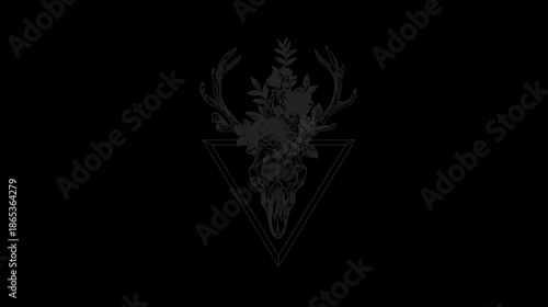 Stylized Deer Skull Art with Botanical Antlers, Floral Design, and Geometric Triangle on Dark Background