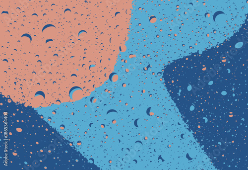Vibrant Gradient of Blue and Orange with Diverse Water Droplets Creating a Mesmerizing Pattern Across the Surface in Varying Sizes and Shapes