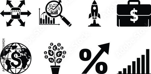 Business and finance icons including growth investment and profit symbols