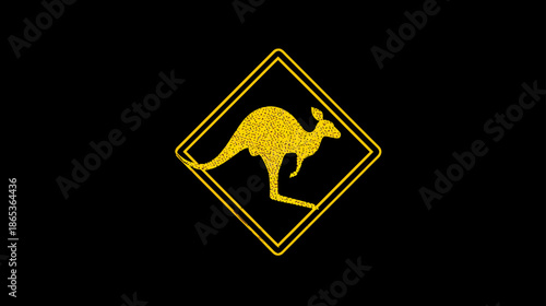 Golden Kangaroo Warning Road Sign Silhouette on Black Background for Wildlife Safety and Danger Awareness