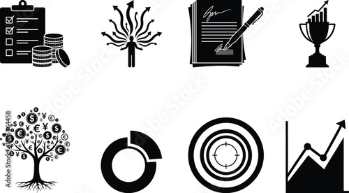 Collection of business and finance icons including charts graphs and targets