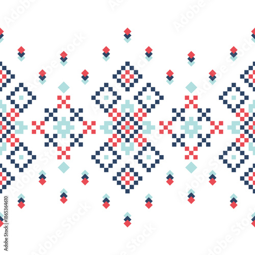 Traditional geometric folk pattern inspired by embroidery and textile motifs. Decorative ornamental design featuring symmetrical shapes and repeating elements, suitable for backgrounds, banners, frame