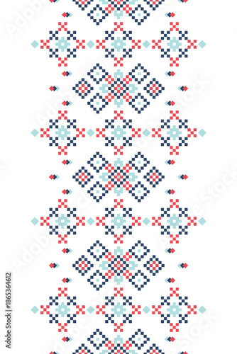 Traditional geometric folk pattern inspired by embroidery and textile motifs. Decorative ornamental design featuring symmetrical shapes and repeating elements, suitable for backgrounds, banners, frame