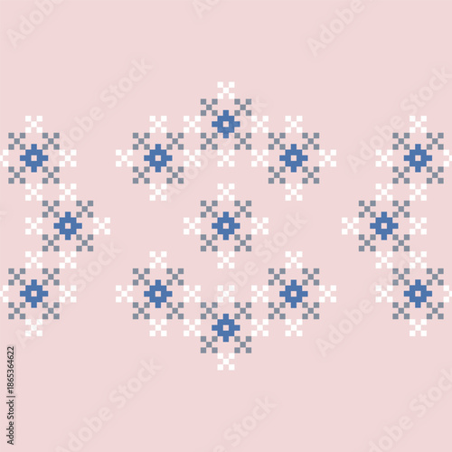 Traditional geometric folk pattern inspired by embroidery and textile motifs. Decorative ornamental design featuring symmetrical shapes and repeating elements, suitable for backgrounds, banners, frame