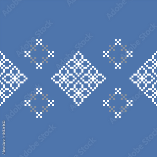 Traditional geometric folk pattern inspired by embroidery and textile motifs. Decorative ornamental design featuring symmetrical shapes and repeating elements, suitable for backgrounds, banners, frame