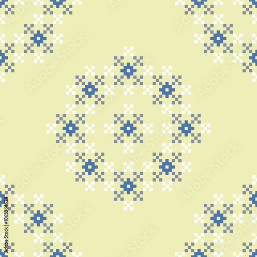 Traditional geometric folk pattern inspired by embroidery and textile motifs. Decorative ornamental design featuring symmetrical shapes and repeating elements, suitable for backgrounds, banners, frame