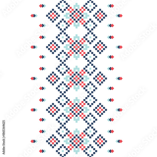 Traditional geometric folk pattern inspired by embroidery and textile motifs. Decorative ornamental design featuring symmetrical shapes and repeating elements, suitable for backgrounds, banners, frame