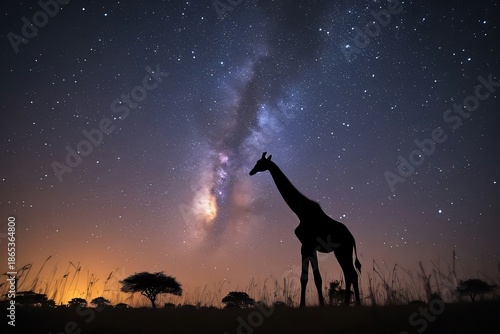 Silhouette of a Giraffe against the Milky Way and a Starry Night Sky in Africa