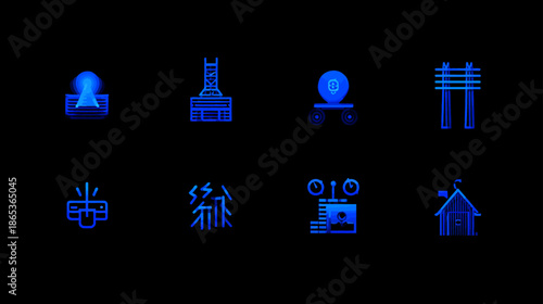Abstract Glowing Blue Neon Icons Set. Futuristic Technology Symbols, Digital Interface Elements, Architectural Structures on Black.