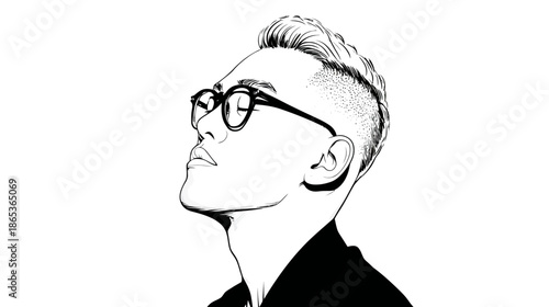 Modern minimalist black and white ink illustration of a young man with glasses and an undercut hairstyle looking up thoughtfully.
