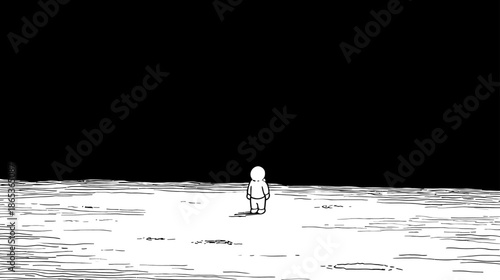 Solitary spaceman on desolate moon-like alien terrain under a vast, dark sky, evoking loneliness, isolation, and contemplation.