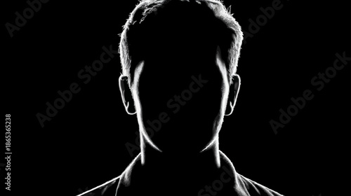 Dramatic black and white silhouette of an unknown person with bright rim lighting against a dark background, anonymity concept.