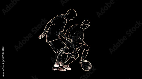 Dynamic outline of two soccer players competing for the ball on a black background. Energetic football action concept.