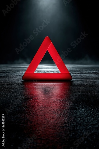 Red warning triangle illuminated in a dark environment, reflecting on wet surface, symbolizing caution and safety in emergency situations, with dramatic lighting effects