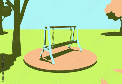 Wooden Swing Set on Circular Base in Vibrant Park Surrounded by Colorful Trees Against a Clear Blue Sky