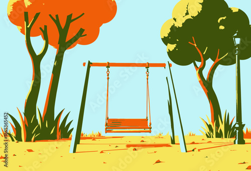 Serene Beachside Playground with Wooden Swing, Surrounded by Colorful Trees and Ocean Backdrop Under a Clear Blue Sky