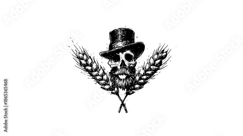 Vintage gentleman skull illustration wearing a top hat and beard, with wheat ears, isolated on white background