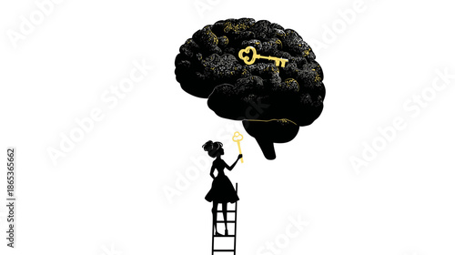 Conceptual illustration of a person on a ladder unlocking the human brain with a golden key, representing intelligence and discovery.