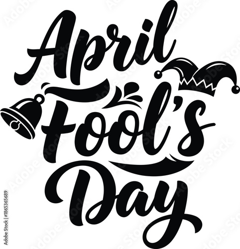April Fools Day celebration text with jester hat and bell
