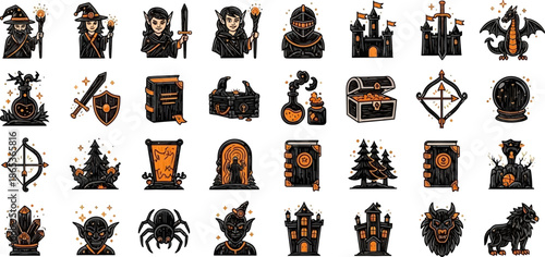  Fantasy icon set: dragons, wizards, fairies, unicorns, castles, swords, shields, magic elements 