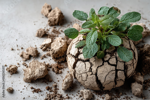 Sustainability Growth Nature Resilience Renewal Plant Emerging from Cracked Dry Soil Symbolizing Hope on Minimal Background
