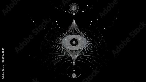 Abstract spiritual eye design on a dark background, intricate sacred geometry pattern representing vision, consciousness, and mysticism.