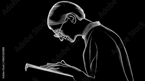 Stylized white outline of a person with glasses intently reading a book, representing knowledge, study, and concentration.