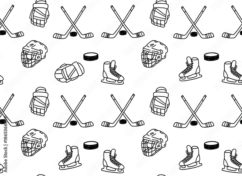 Seamless pattern of hand drawn black and white ice hockey equipment doodles featuring crossed sticks, pucks, helmets, gloves, and skates on white for sport themed textile design