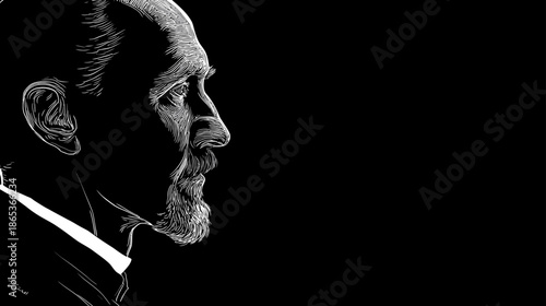 Distinguished senior man's profile illustration. High contrast black and white drawing with ample dark copy space.