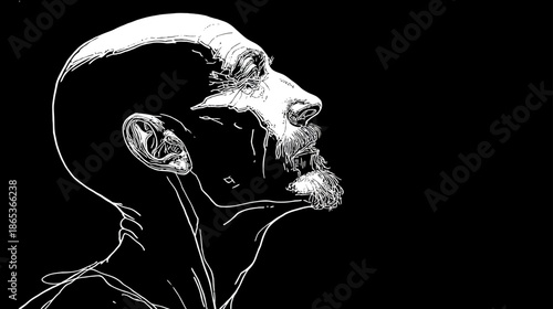 Dramatic black and white illustration of a bald man in profile looking up, deep in thought. Artistic high-contrast sketch.